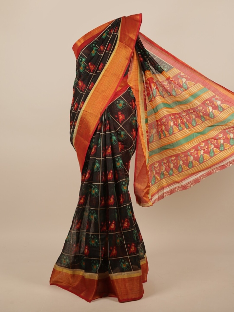 

Pothys Black & Orange Ethnic Motifs Printed Zari Saree