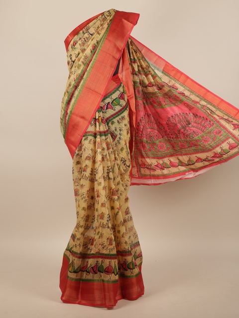 

Pothys Cream-Coloured & Pink Warli Printed Saree