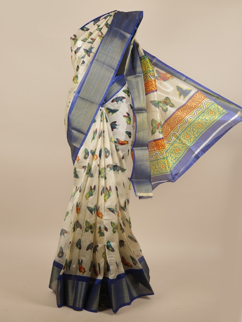 

Pothys Cream-Coloured & Blue Ethnic Motifs Zari Saree