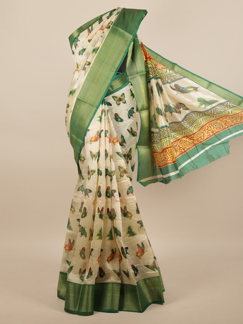 

Pothys Cream-Coloured & Green Ethnic Motifs Printed Zari Saree