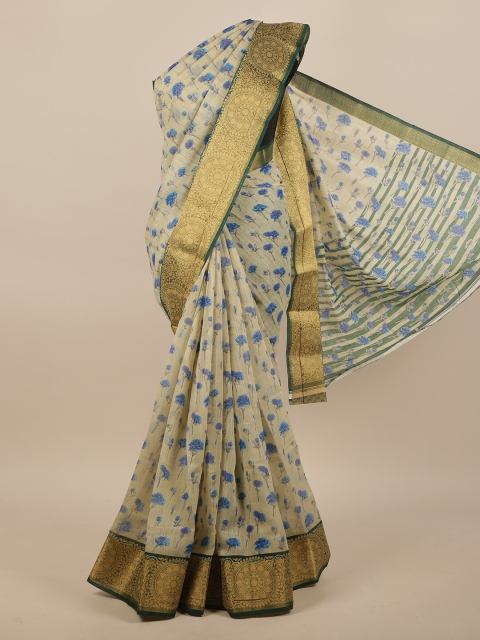

Pothys Cream-Coloured & Blue Floral Printed Saree