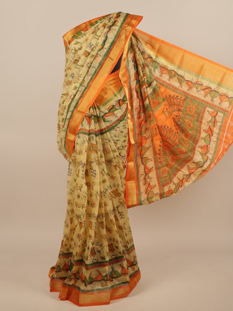 

Pothys Cream-Coloured & Green Ethnic Motifs Printed Zari Saree