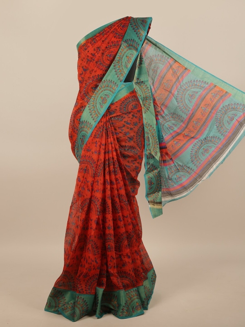 

Pothys Rust Brown & Blue Ethnic Motifs Printed Saree