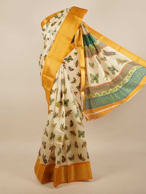 

Pothys Cream-Coloured & Yellow Ethnic Motifs Printed Zari Saree