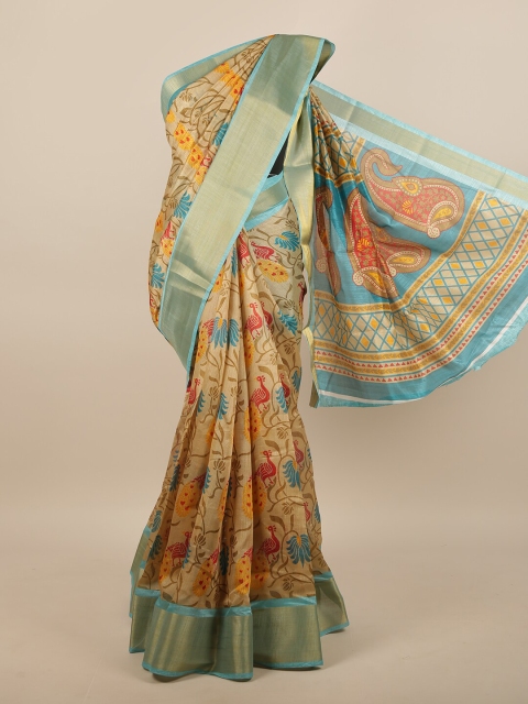 

Pothys Cream-Coloured & Gold-Toned Floral Printed Zari Saree