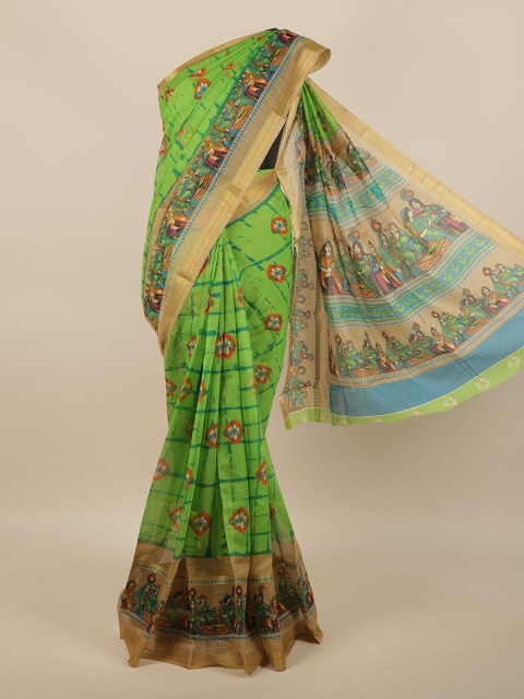 

Pothys Green & Gold-Toned Warli Printed Zari Saree