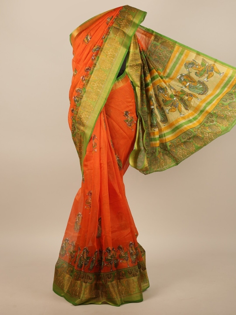 

Pothys Orange & Green Warli Printed Zari Saree