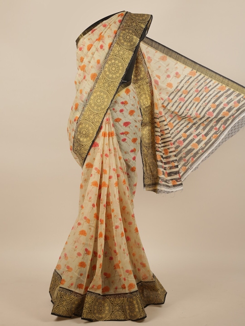 

Pothys Cream-Coloured & Orange Floral Printed Saree