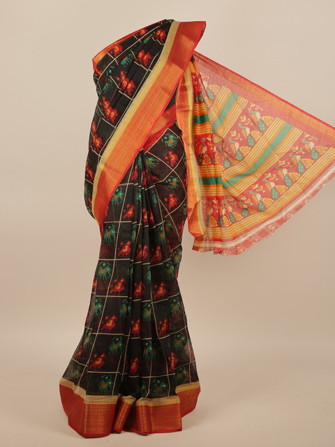 

Pothys Black & Red Ethnic Motifs Printed Zari Saree