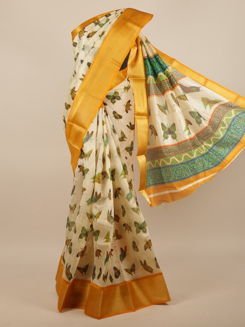 

Pothys Cream-Coloured & Gold-Toned Ethnic Motifs Printed Zari Saree