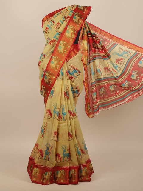 

Pothys Cream-Coloured & Red Ethnic Motifs Saree