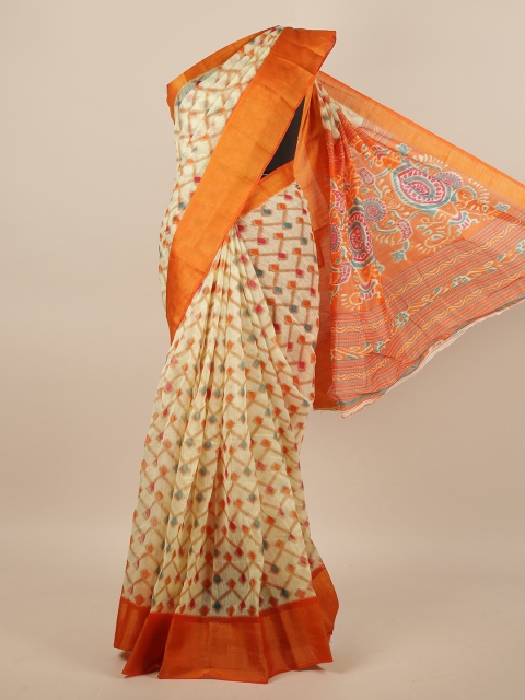 

Pothys Cream-Coloured & Orange Printed Saree