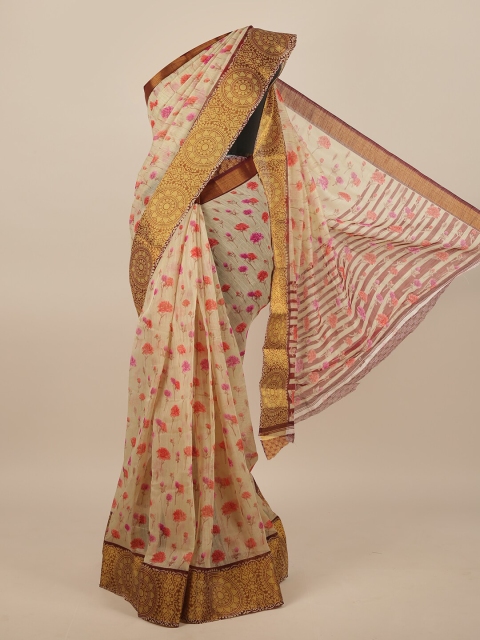 

Pothys Cream-Coloured & Fuchsia Floral Saree