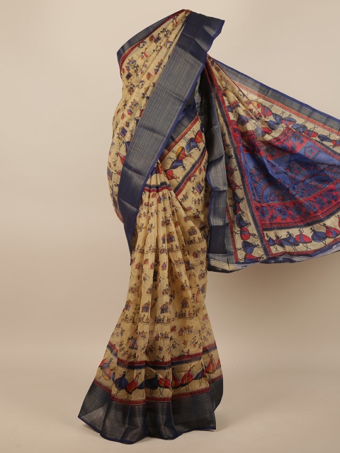 

Pothys Cream-Coloured & Blue Warli Saree