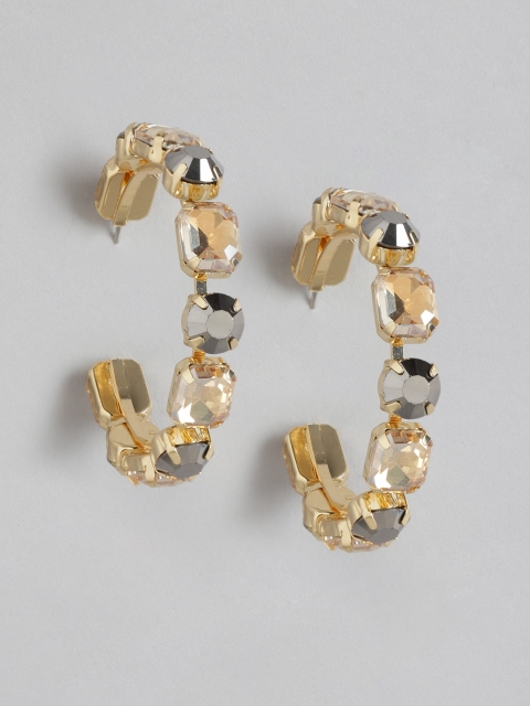 

Blueberry Gunmetal-Toned Gold-Plated Stone Studded Crescent Shaped Half Hoop Earrings