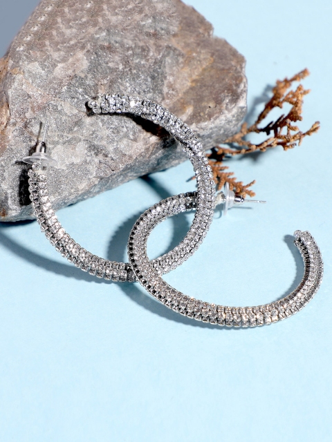 

Blueberry Silver-Plated Stone Studded Crescent Shaped Half Hoop Earrings