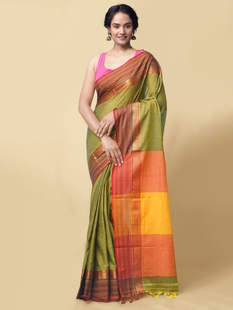 

Unnati Silks Green & Orange Zari Pure Cotton Narayan Peth Saree