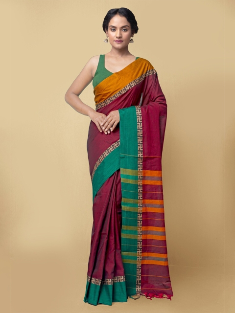

Unnati Silks Maroon & Green Zari Pure Cotton Narayan Peth Saree