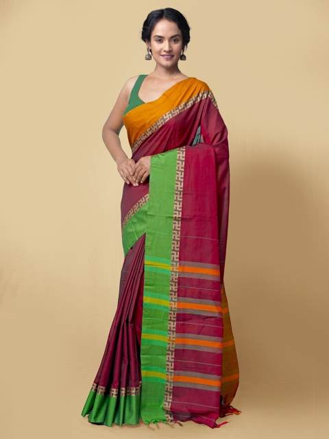 

Unnati Silks Maroon & Yellow Zari Pure Cotton Narayan Peth Saree