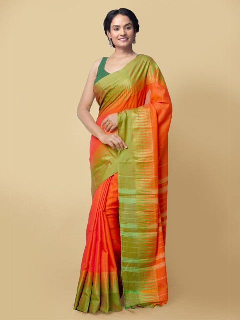 

Unnati Silks Orange & Green Pure Cotton Narayan Peth Saree