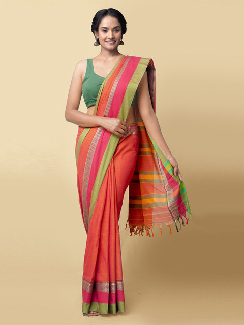 

Unnati Silks Women Orange & Green Pure Handloom Narayanpet Cotton Sustainable Saree