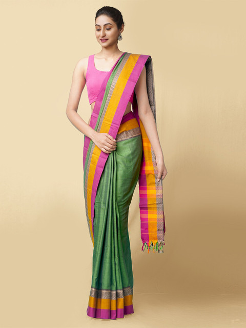 

Unnati Silks Green & Pink Pure Cotton Narayan Peth Saree