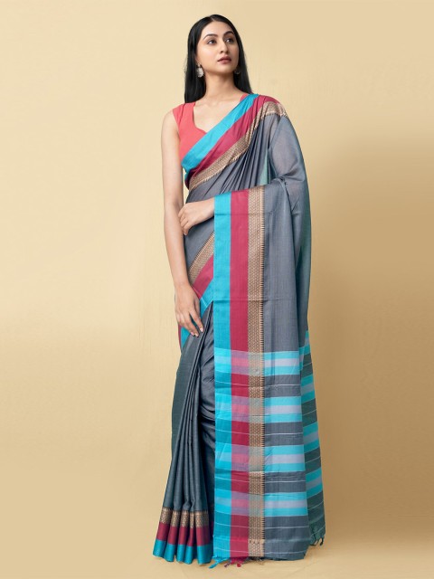 

Unnati Silks Grey & Blue Pure Cotton Narayan Peth Saree