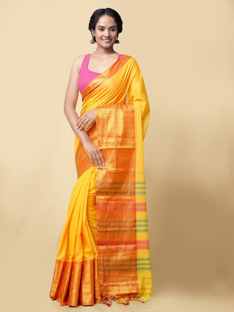 

Unnati Silks Yellow & Gold-Toned Pure Cotton Narayan Peth Saree