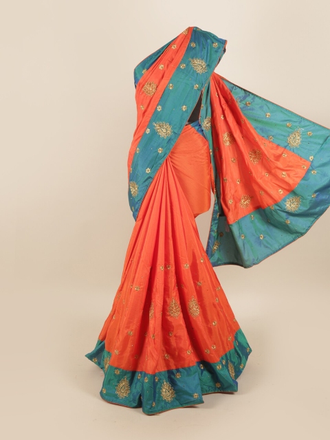 

Pothys Orange & Blue Embellished Art Silk Saree