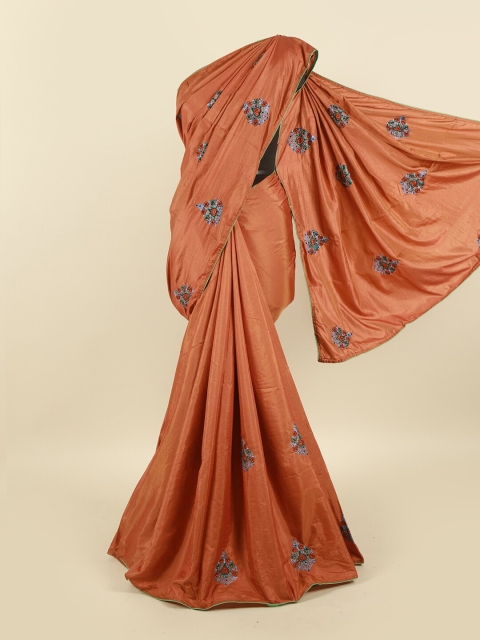 

Pothys Copper-Toned & Blue Floral Art Silk Saree