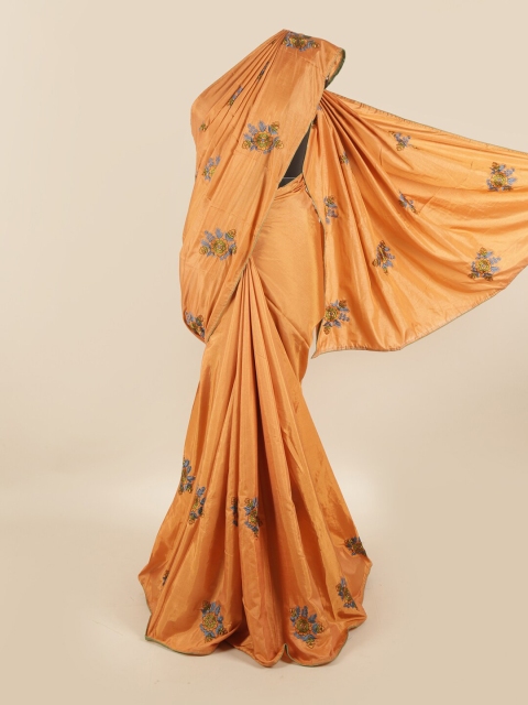 

Pothys Peach-Coloured & Green Floral Embroidered Art Silk Saree