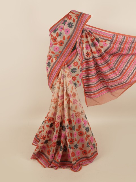 

Pothys Cream-Coloured & Pink Floral Embroidered Supernet Saree