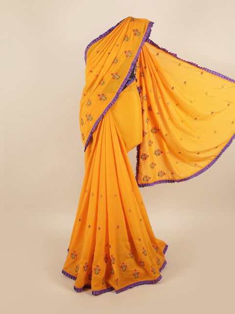 

Pothys Yellow & Purple Floral Embroidered Art Silk Saree