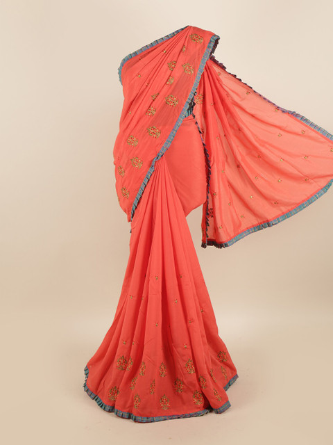 

Pothys Peach-Coloured & Red Floral Art Silk Saree