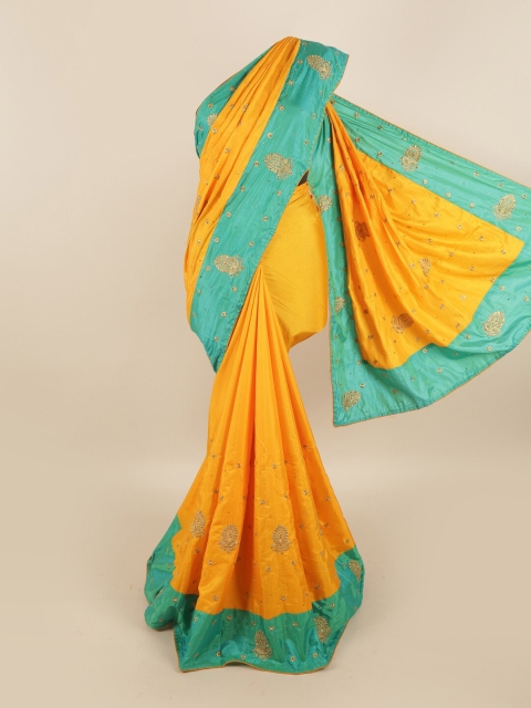 

Pothys Yellow & Turquoise Blue Floral Art Silk Saree