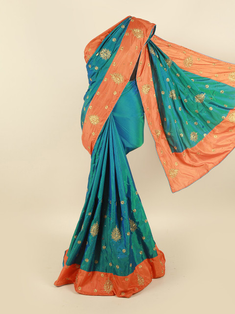 

Pothys Blue & Orange Embellished Embroidered Art Silk Saree
