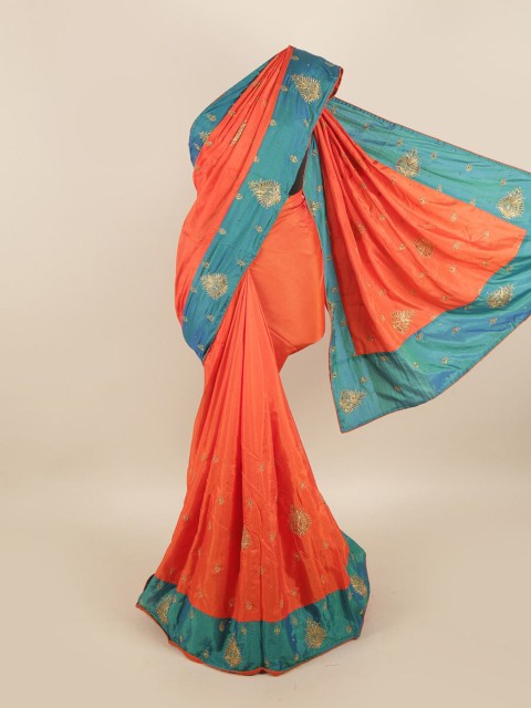 

Pothys Orange & Turquoise Blue Embellished Beads & Stones Art Silk Saree