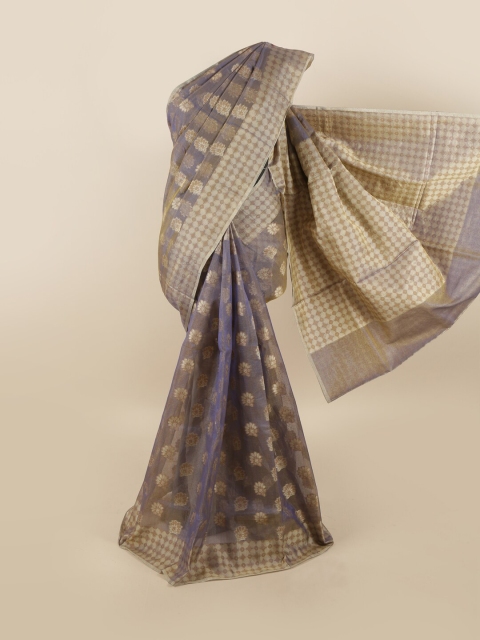 

Pothys Blue & Tan Brown Floral Supernet Saree