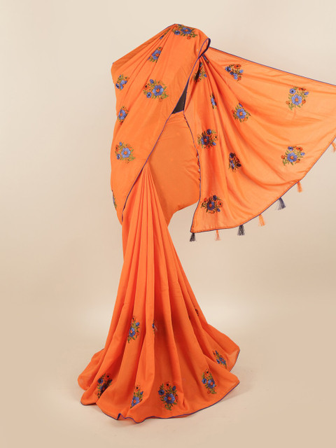 

Pothys Orange & Blue Floral Embroidered Sana Silk Saree