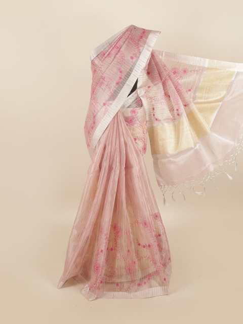 

Pothys Pink & Silver-Toned Floral Tissue Saree