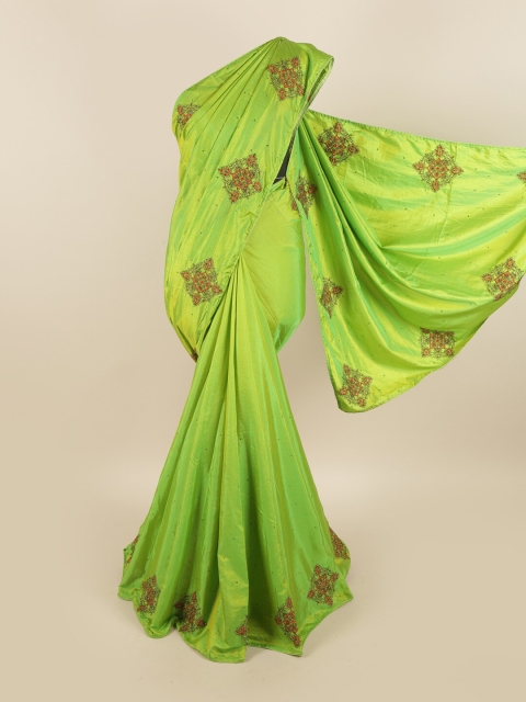 

Pothys Green & Orange Floral Embroidered Beads & Stones Sana Silk Saree