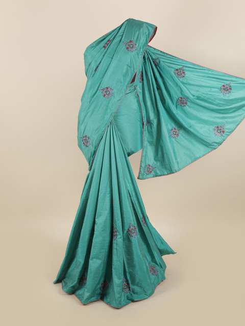 

Pothys Blue & Pink Floral Embroidered Beads & Stones Sana Silk Saree