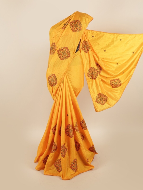 

Pothys Yellow & Red Ethnic Motifs Embroidered Beads & Stones Sana Silk Saree