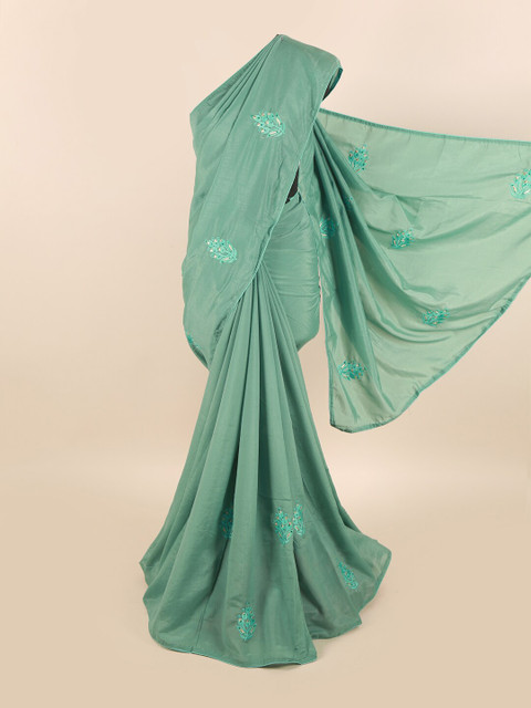 

Pothys Sea Green & Gold-Toned Floral Embroidered Art Silk Saree