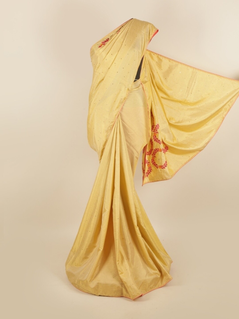 

Pothys Cream-Coloured & Pink Floral Embroidered Art Silk Saree