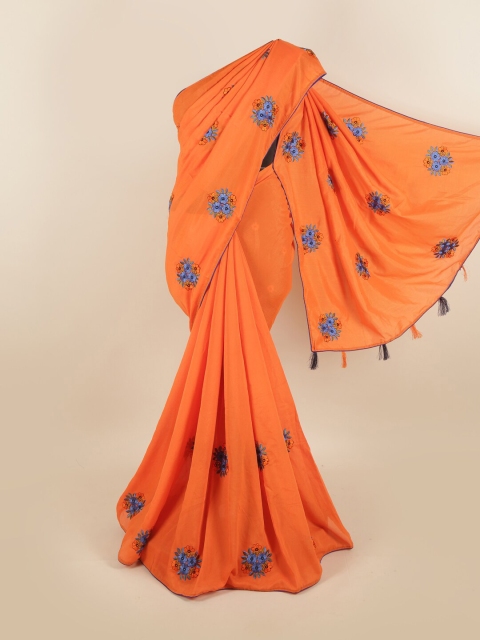 

Pothys Orange & Blue Floral Embroidered Art Silk Saree