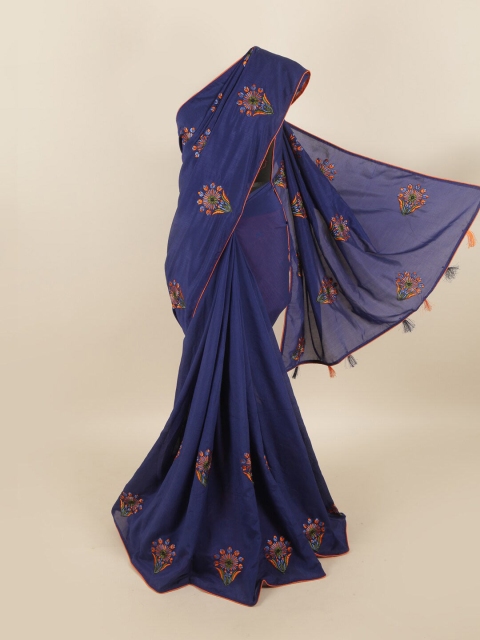 

Pothys Blue & Orange Embellished Embroidered Art Silk Saree