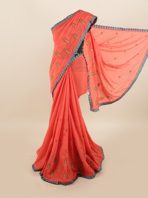 

Pothys Peach-Coloured & Green Floral Beads and Stones Art Silk Saree