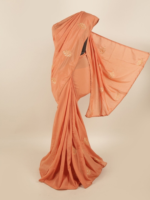 

Pothys Peach-Coloured & Gold-Toned Floral Art Silk Saree