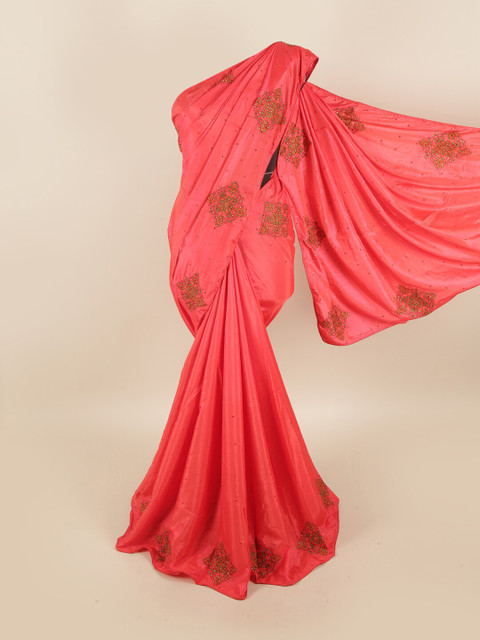

Pothys Pink & Green Floral Embroidered Sana Silk Saree